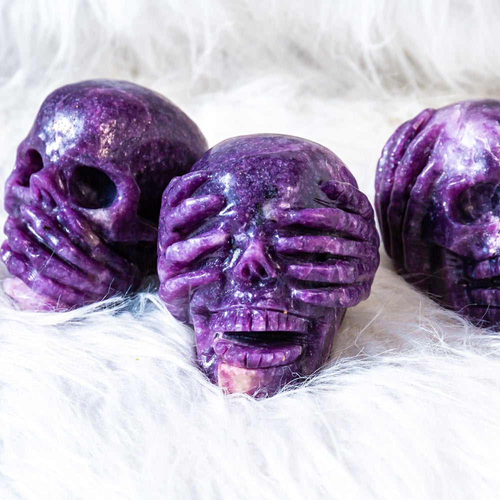 Reikistal Lepidolite Skull Combination Combination See no evil Speak no evil Hear no evil