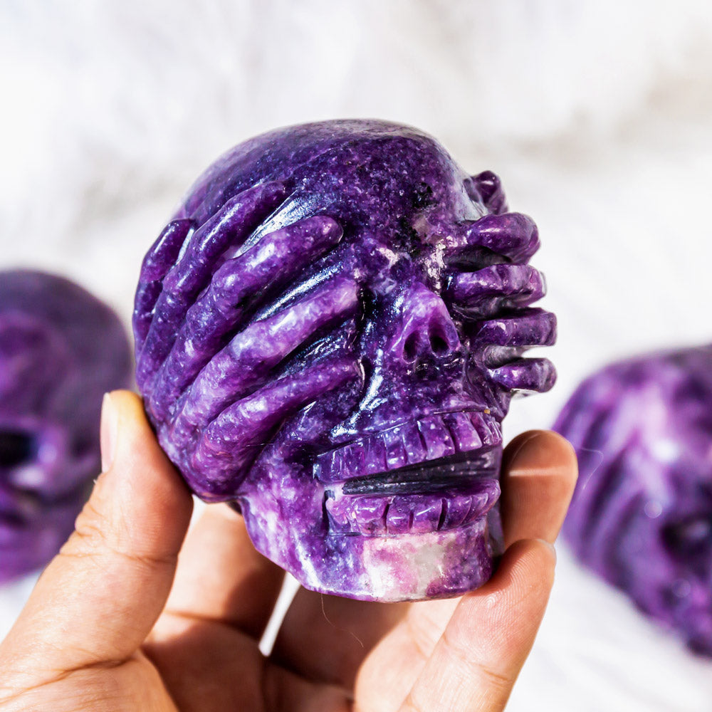 Reikistal Lepidolite Skull Combination Combination See no evil Speak no evil Hear no evil