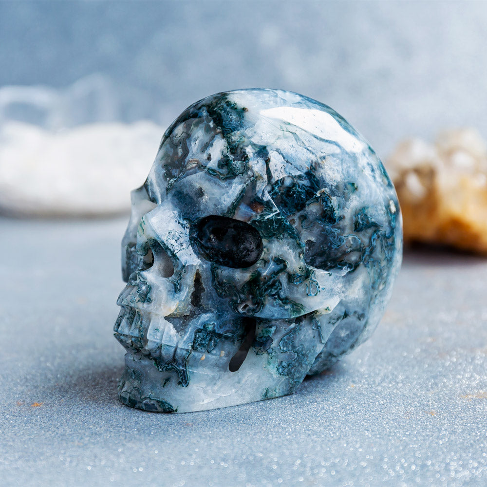 Reikistal Druzy Moss Agate Skull