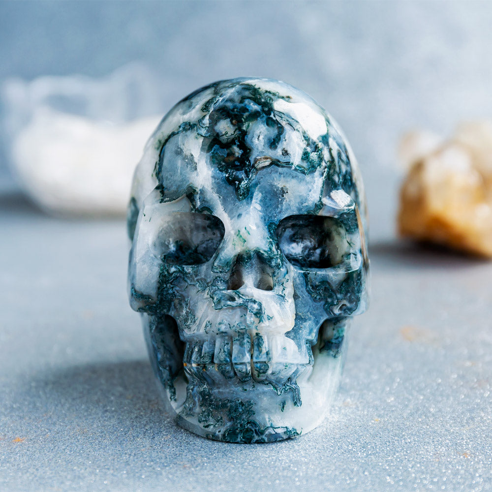 Reikistal Druzy Moss Agate Skull