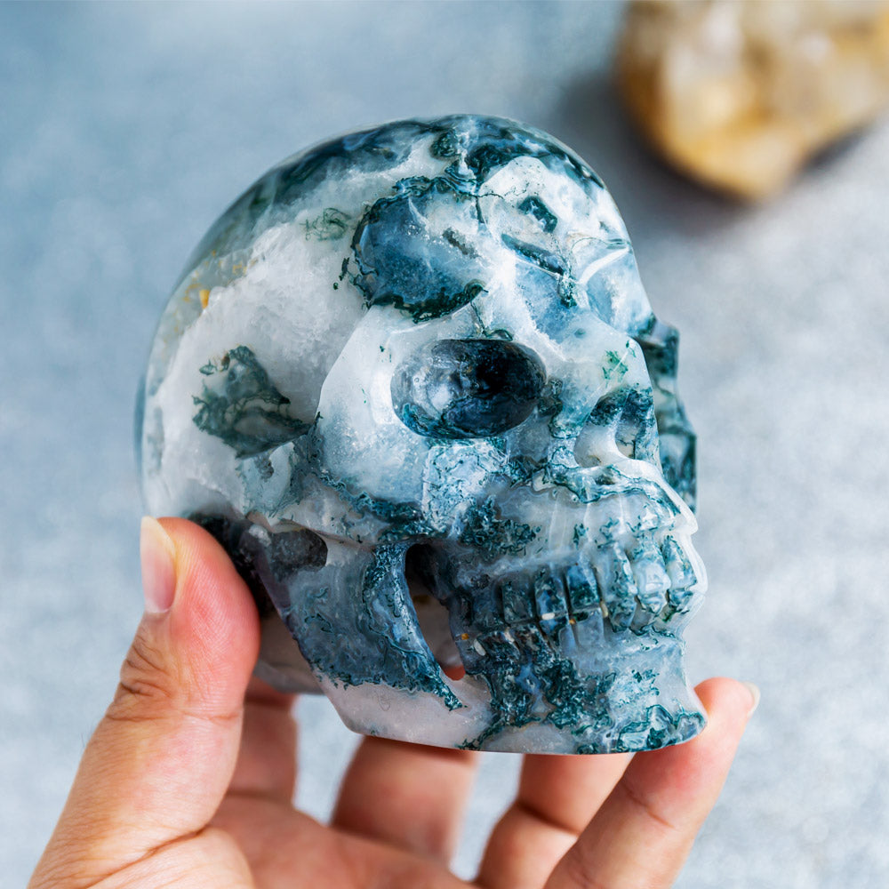 Reikistal Druzy Moss Agate Skull