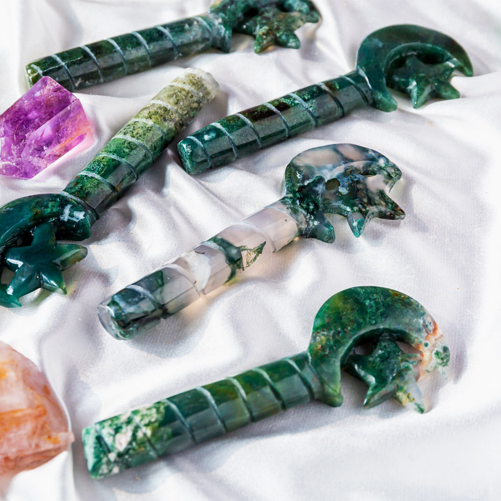 Reikistal Moss Agate Moon Wand