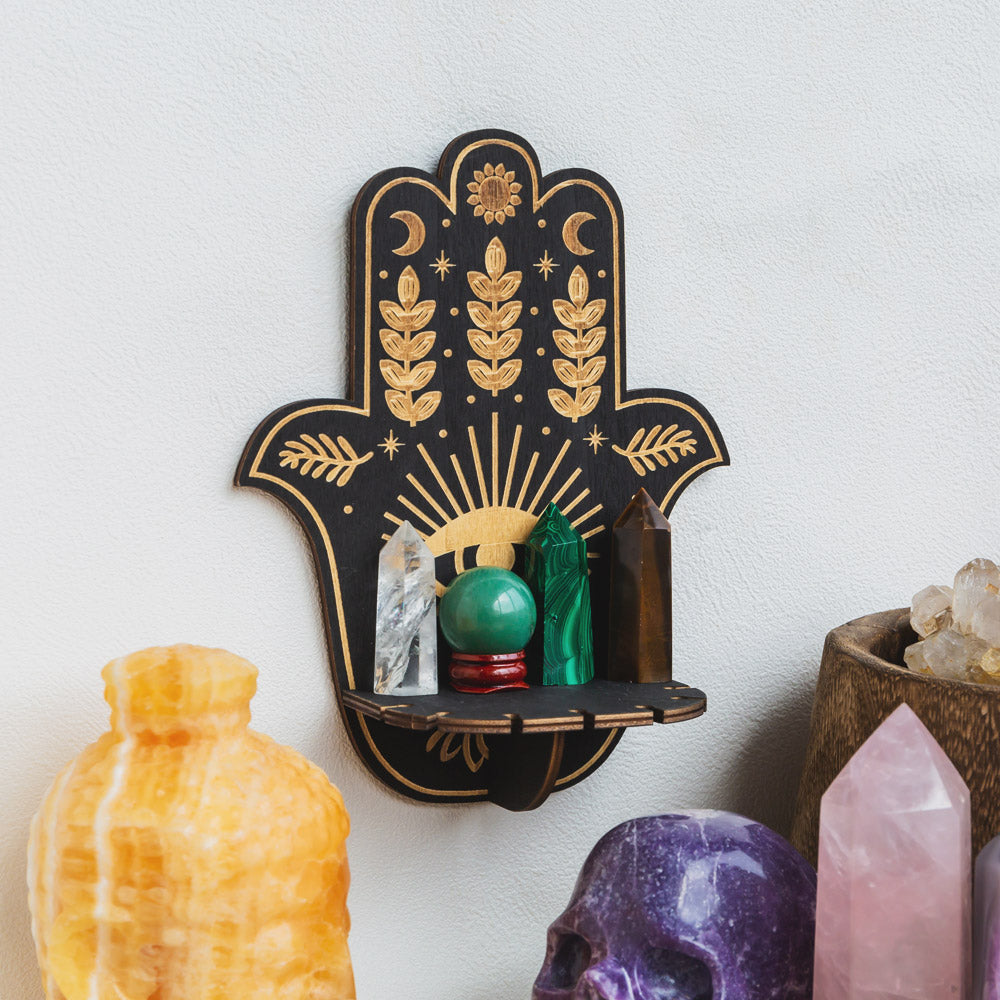 Reikistal Hamsa Hand Blommig sol och måne Altare Kristallhylla