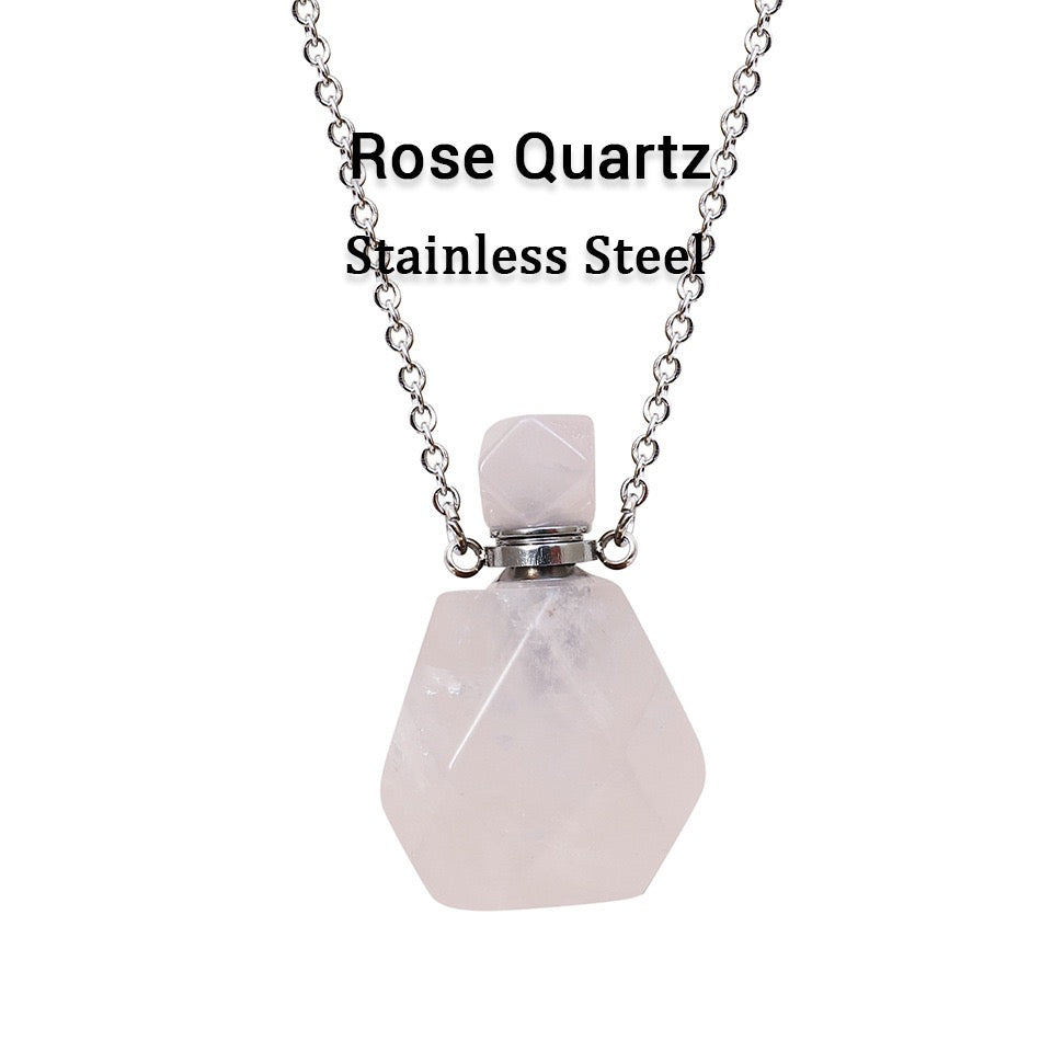 Reikistal Natural Stone Perfume Bottle Pendant Stainless Steel Necklace Crystal Essential Oil Bottle Necklace Gemstone Perfume