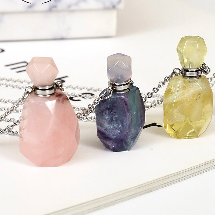 Reikistal Natural Stone Perfume Bottle Pendant Stainless Steel Necklace Crystal Essential Oil Bottle Necklace Gemstone Perfume