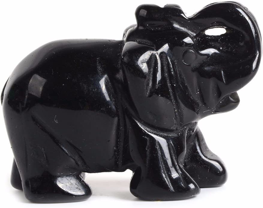 Reikistal Justinstones Carved Natural Black Obsidian Gemstone Elephant Healing Guardian Statue Figurine Crafts 2 inch