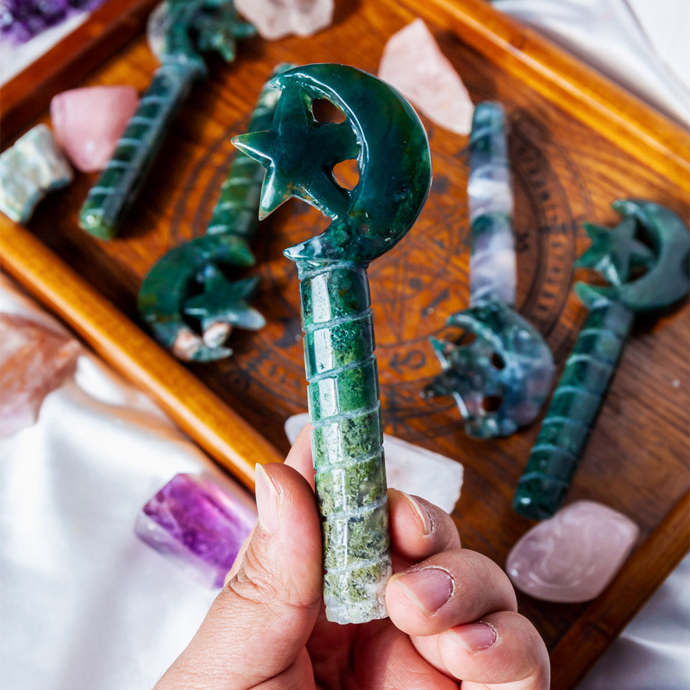 Reikistal Moss Agate Moon Wand