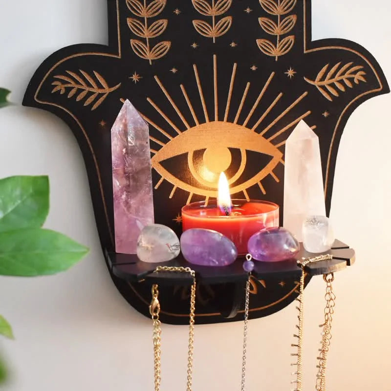 Reikistal Hamsa Hand Blommig sol och måne Altare Kristallhylla