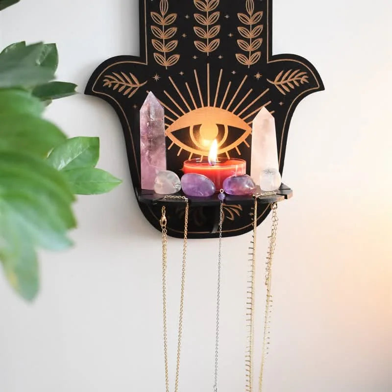 Reikistal Hamsa Hand Blommig sol och måne Altare Kristallhylla