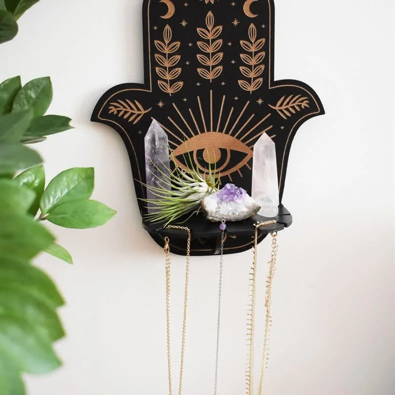 Reikistal Hamsa Hand Blommig sol och måne Altare Kristallhylla