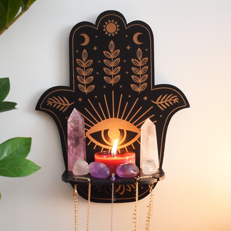 Reikistal Hamsa Hand Blommig sol och måne Altare Kristallhylla