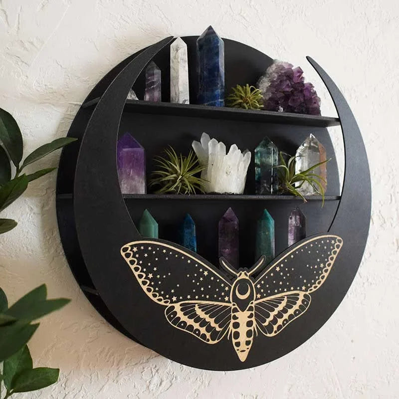 Reikistal Magical Moth Moon Wooden Crystal Shelf