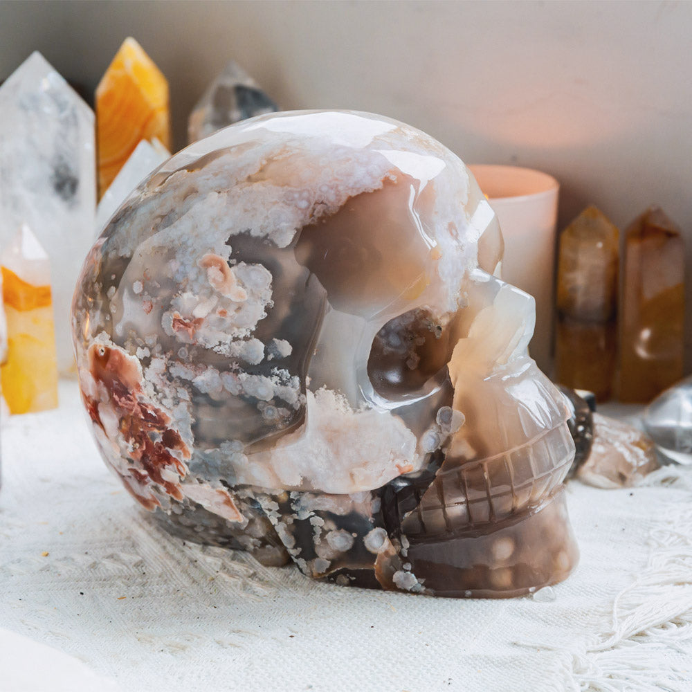 Reikistal 8" Flower Agate Skull