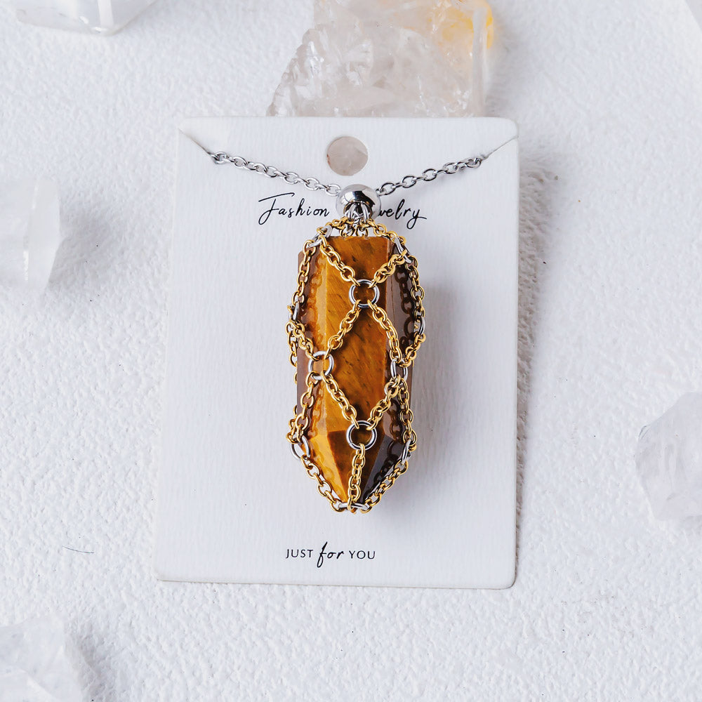 【Golden O Mesh】Natural Crystal Adjustable Necklace【Point/Tumbled】