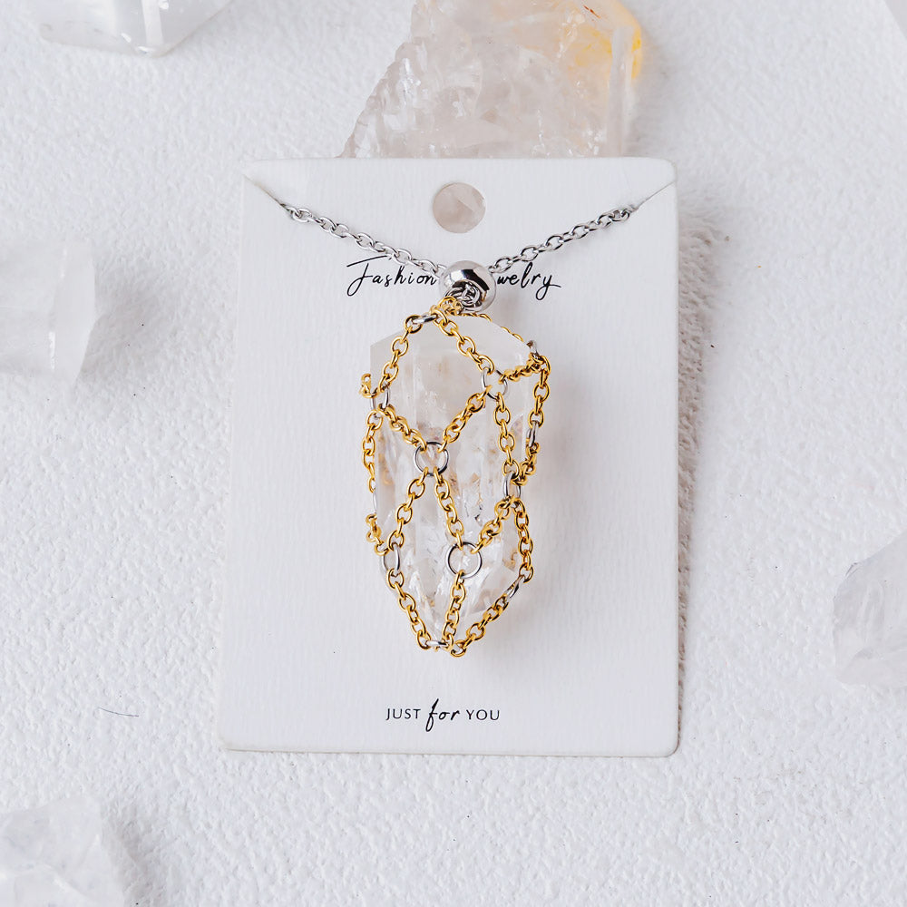 【Golden O Mesh】Natural Crystal Adjustable Necklace【Point/Tumbled】