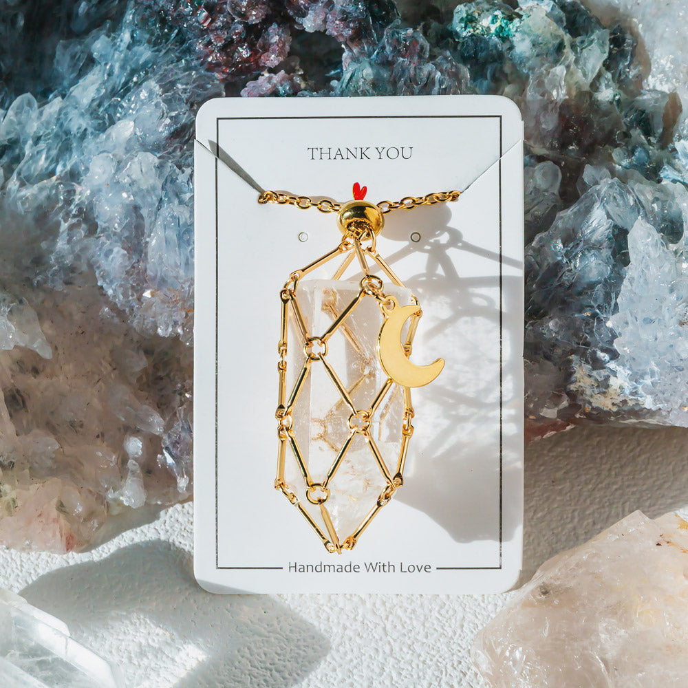 【Moon】Natural Crystal Adjustable Sliver & Golden Necklace — Tumbled/Point