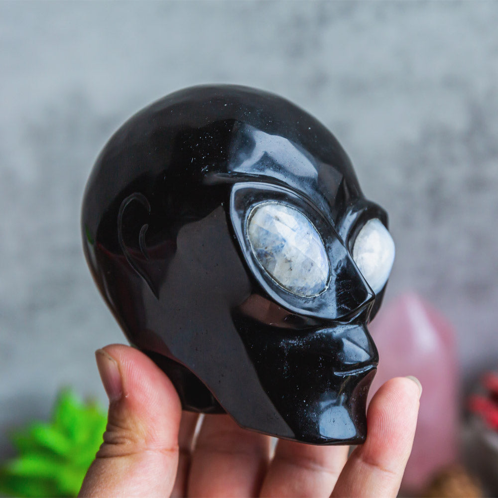 Reikistal Obsidian Alien Skull Med Rainbow Moonstone Eye