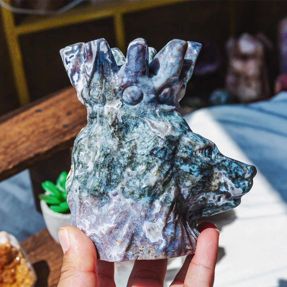 Reikistal Moss Agate Lion Head