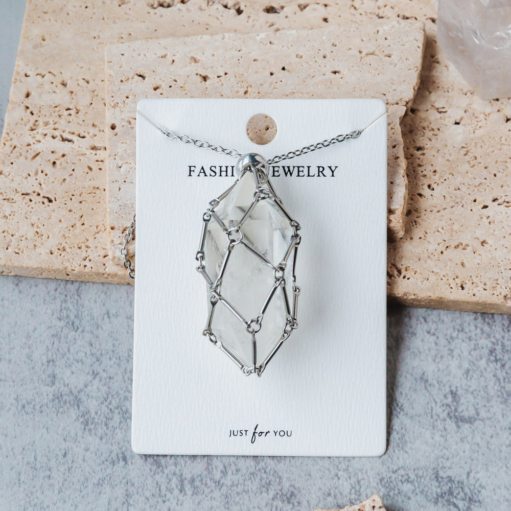 【Silver】Natural Crystal Net Metal Bamboo Necklace Woven Pendant