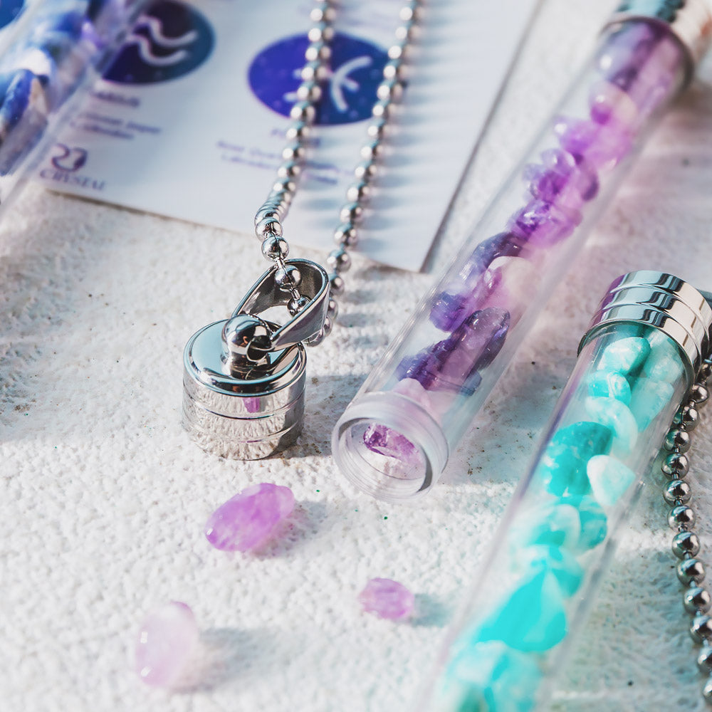 Reikistal【Zodiac】Natural Crystal Chips Wishing Bottle Necklace