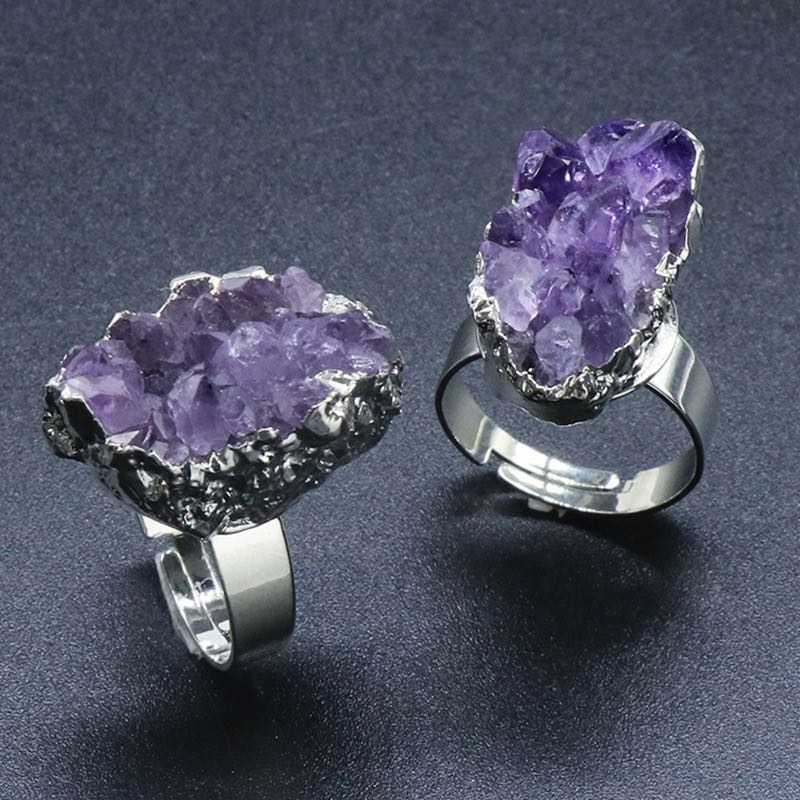 Reikicrystal Natural Amethyst Crystal Cluster Irregular Adjustable Ring