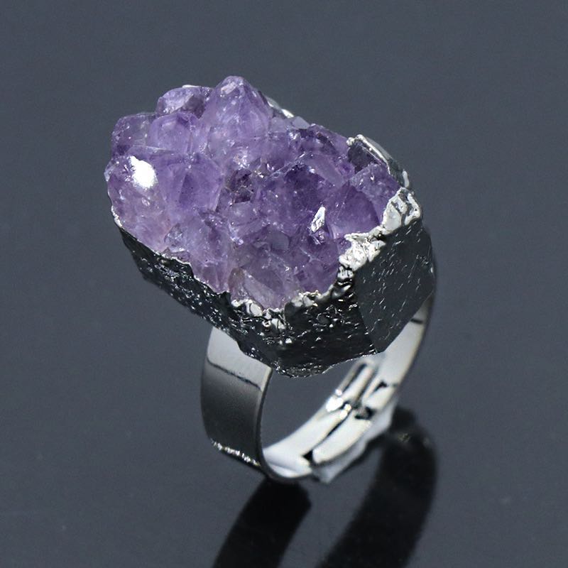 Reikicrystal Natural Amethyst Crystal Cluster Irregular Adjustable Ring