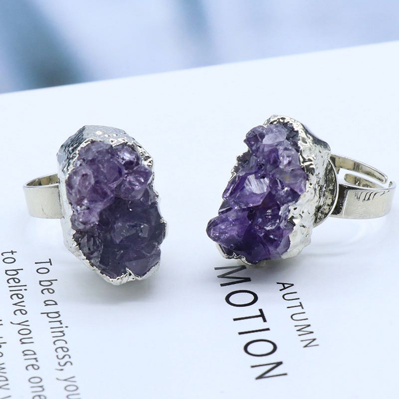 Reikicrystal Natural Amethyst Crystal Cluster Irregular Adjustable Ring