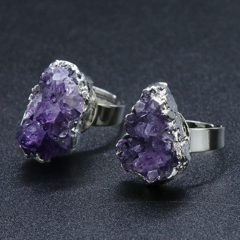 Reikicrystal Natural Amethyst Crystal Cluster Irregular Adjustable Ring