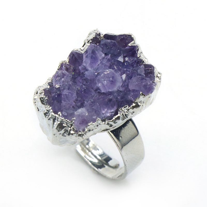 Reikicrystal Natural Amethyst Crystal Cluster Irregular Adjustable Ring