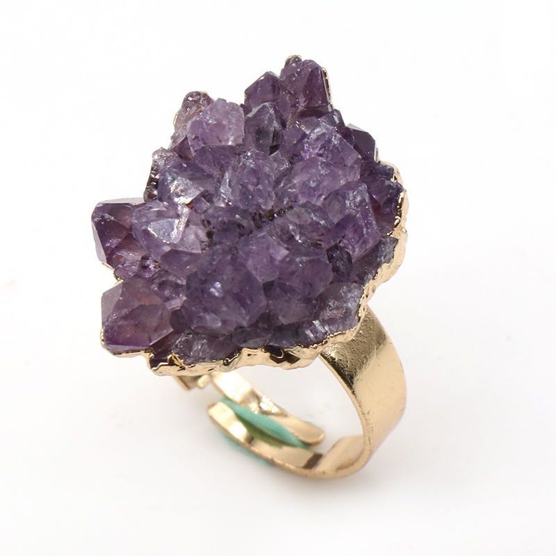 Reikicrystal Natural Amethyst Crystal Cluster Irregular Adjustable Ring