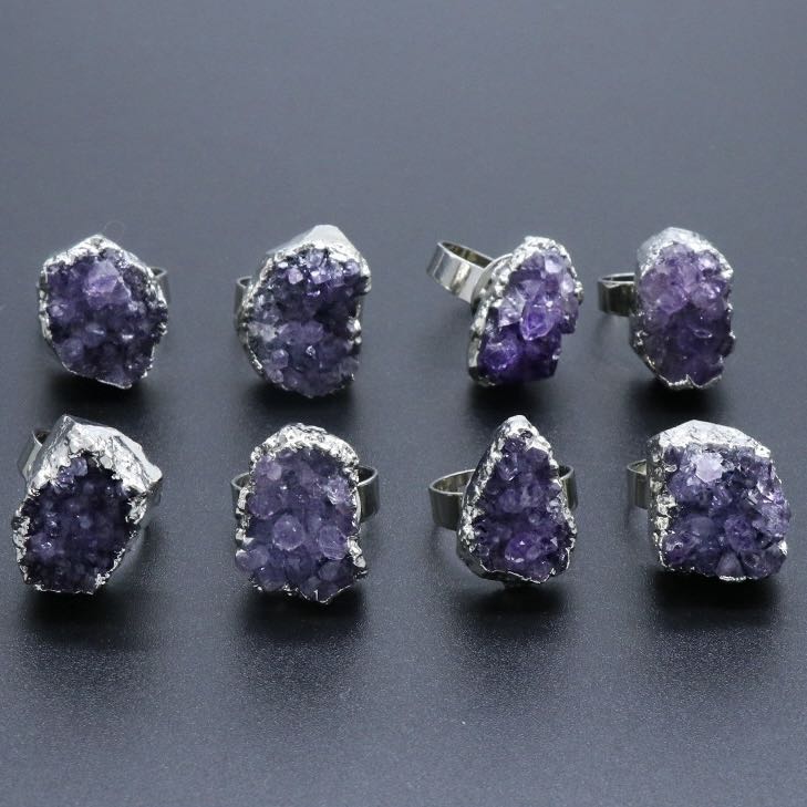 Reikicrystal Natural Amethyst Crystal Cluster Irregular Adjustable Ring