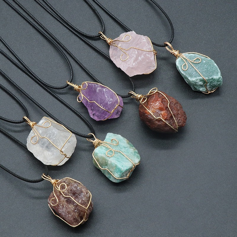 Reikicrystal Irregular Raw Stone Wire-Wrapped Pendant Necklace