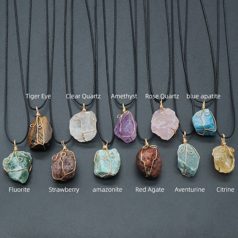 Reikicrystal Irregular Raw Stone Wire-Wrapped Pendant Necklace