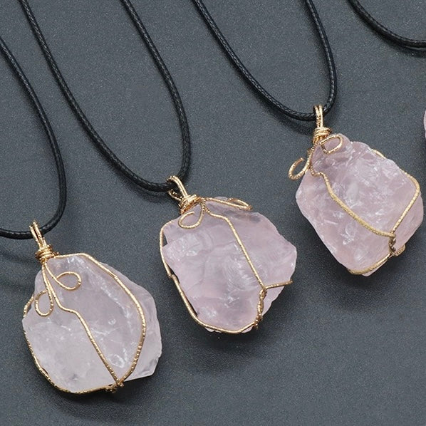 Reikicrystal Irregular Raw Stone Wire-Wrapped Pendant Necklace