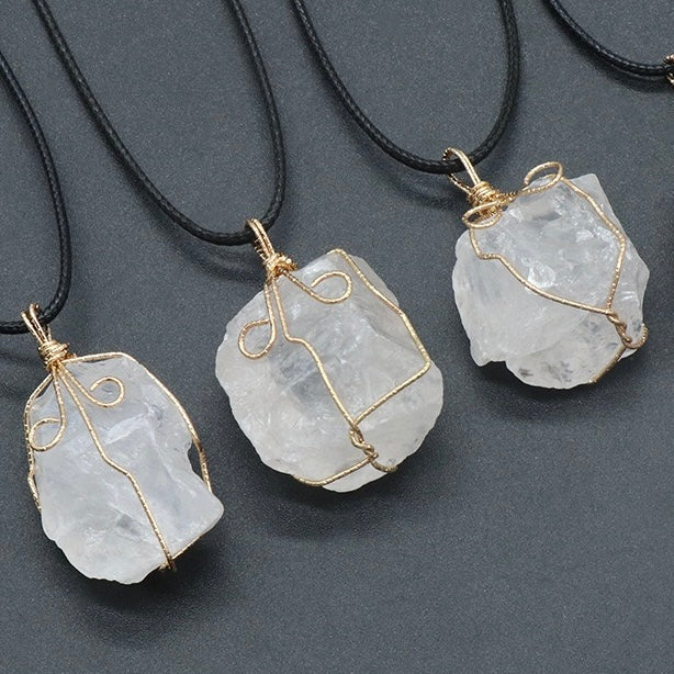 Reikicrystal Irregular Raw Stone Wire-Wrapped Pendant Necklace