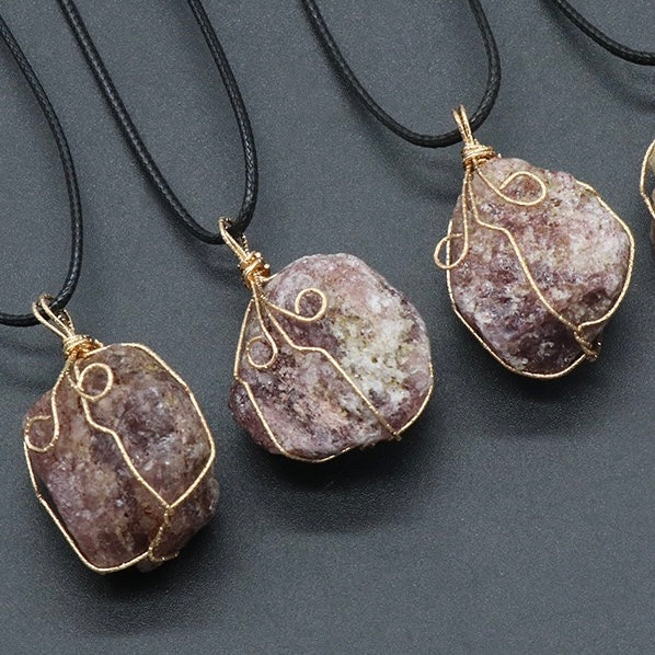 Reikicrystal Irregular Raw Stone Wire-Wrapped Pendant Necklace