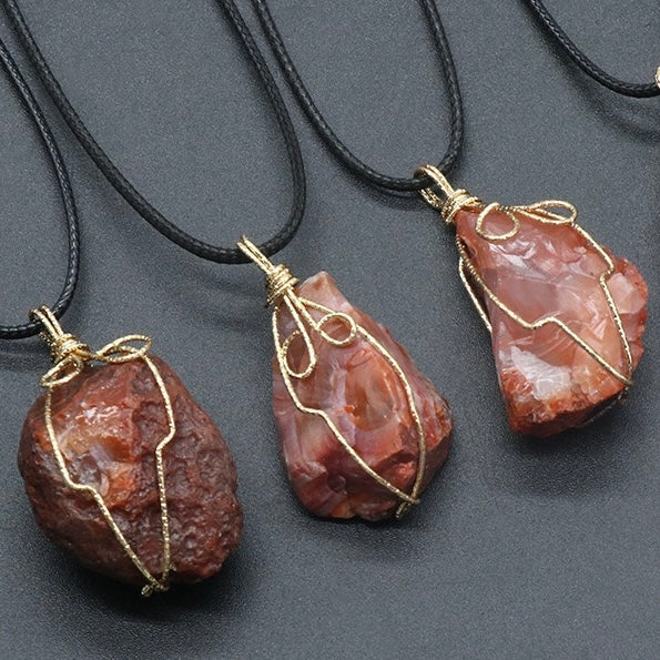 Reikicrystal Irregular Raw Stone Wire-Wrapped Pendant Necklace