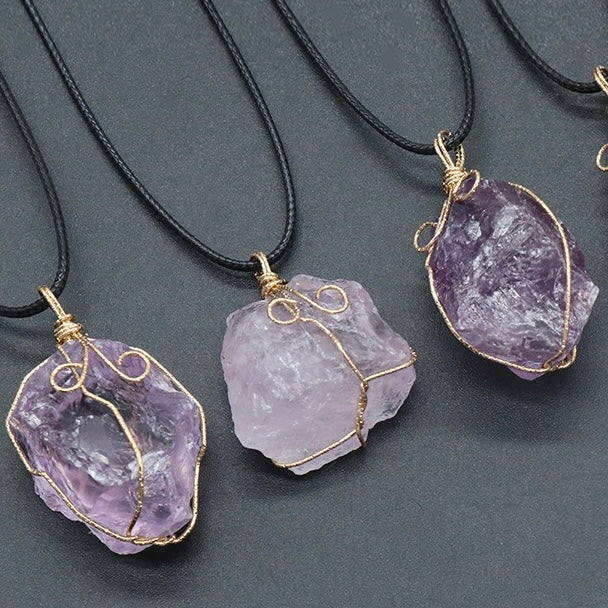 Reikicrystal Irregular Raw Stone Wire-Wrapped Pendant Necklace