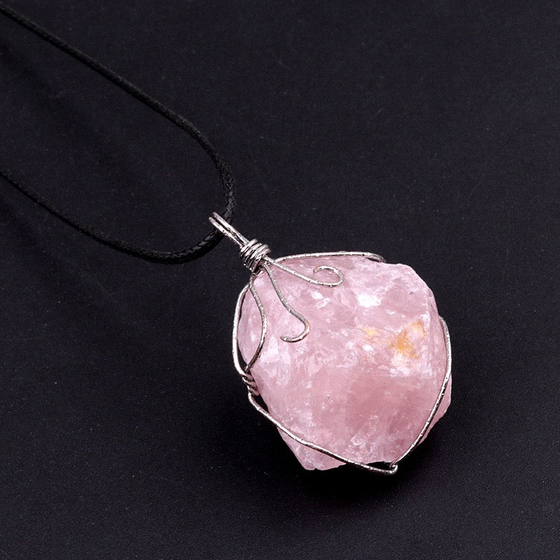 Reikicrystal Irregular Raw Stone Wire-Wrapped Pendant Necklace