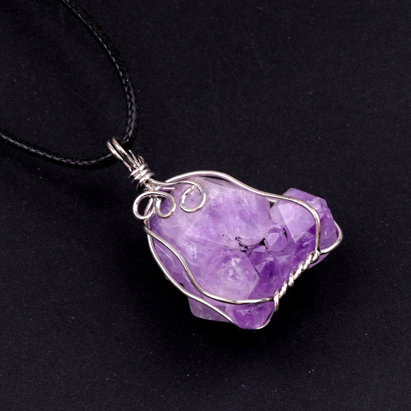 Reikicrystal Irregular Raw Stone Wire-Wrapped Pendant Necklace