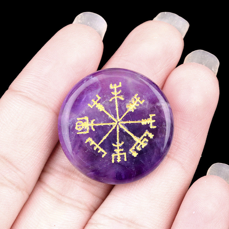 Round Natural Crystal Carved Vegvisir Viking Symbol Palm Stone