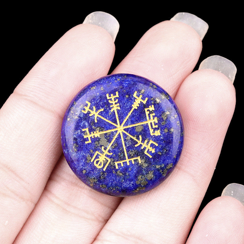 Round Natural Crystal Carved Vegvisir Viking Symbol Palm Stone