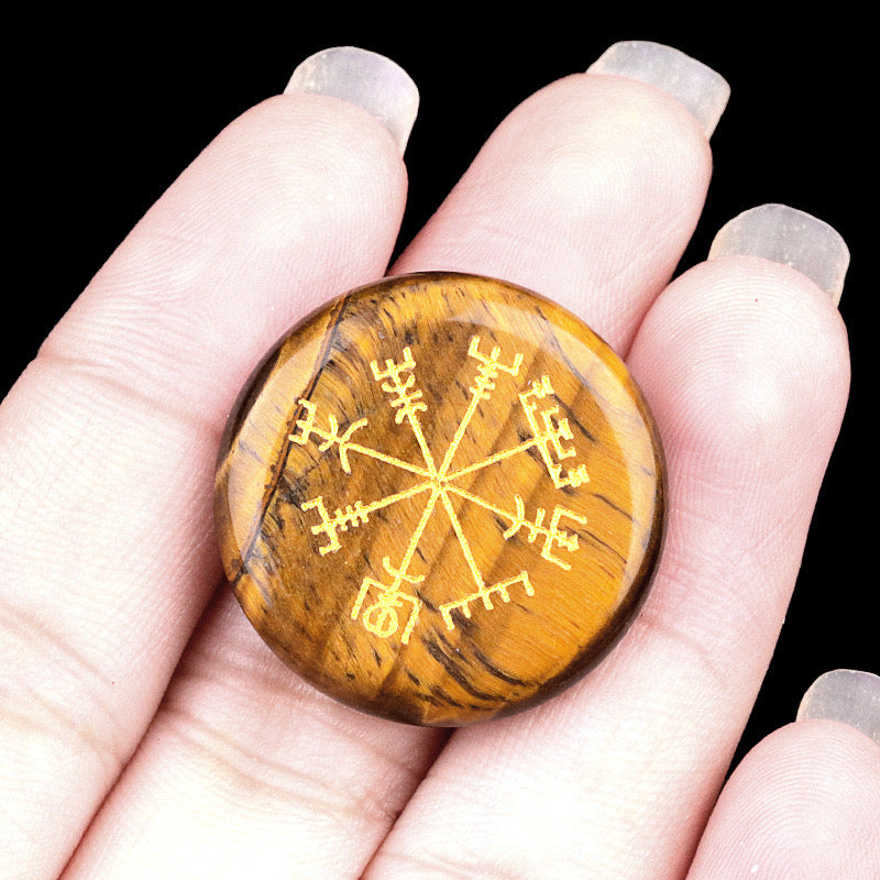 Round Natural Crystal Carved Vegvisir Viking Symbol Palm Stone