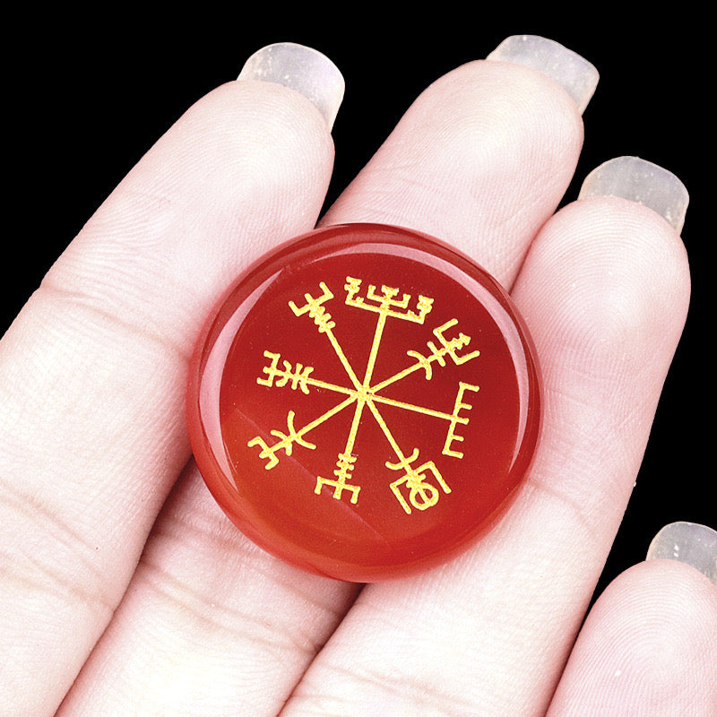 Round Natural Crystal Carved Vegvisir Viking Symbol Palm Stone