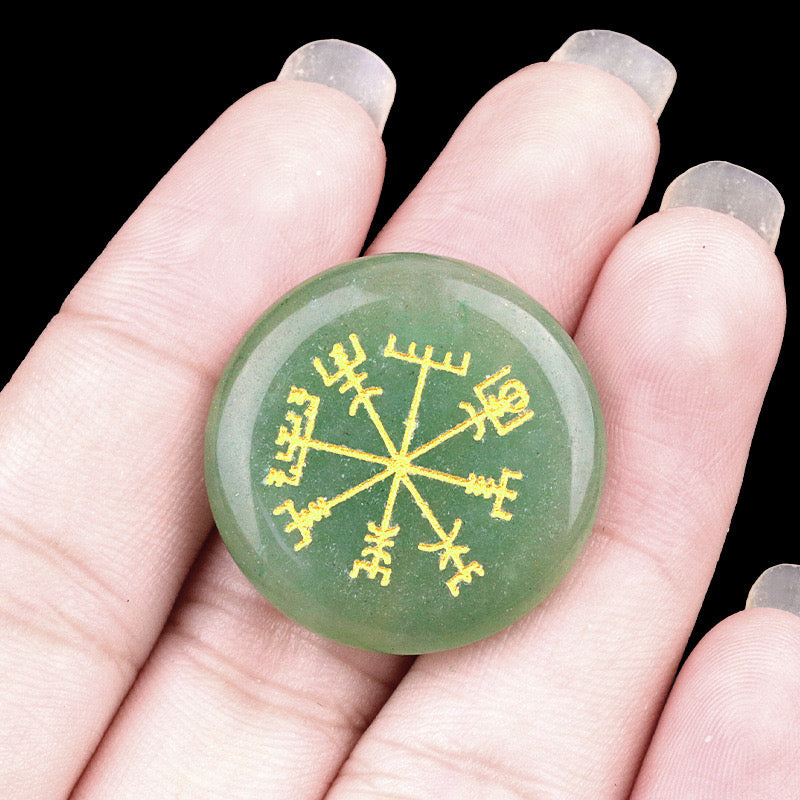 Round Natural Crystal Carved Vegvisir Viking Symbol Palm Stone