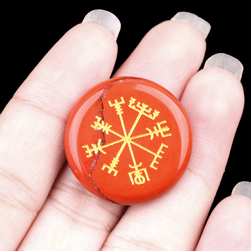 Round Natural Crystal Carved Vegvisir Viking Symbol Palm Stone