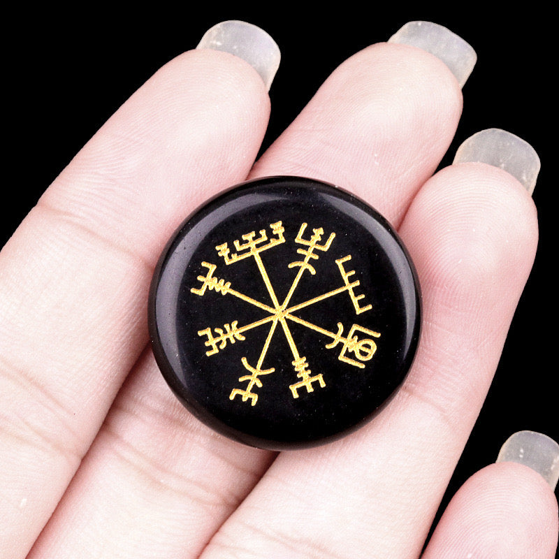 Round Natural Crystal Carved Vegvisir Viking Symbol Palm Stone