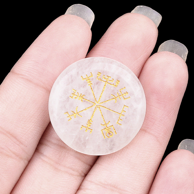 Round Natural Crystal Carved Vegvisir Viking Symbol Palm Stone