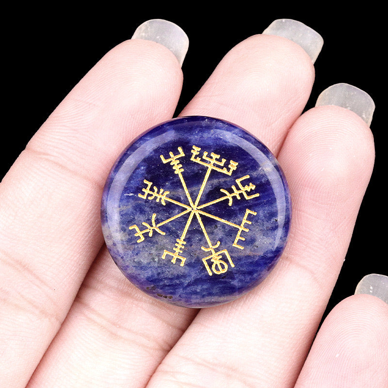 Round Natural Crystal Carved Vegvisir Viking Symbol Palm Stone