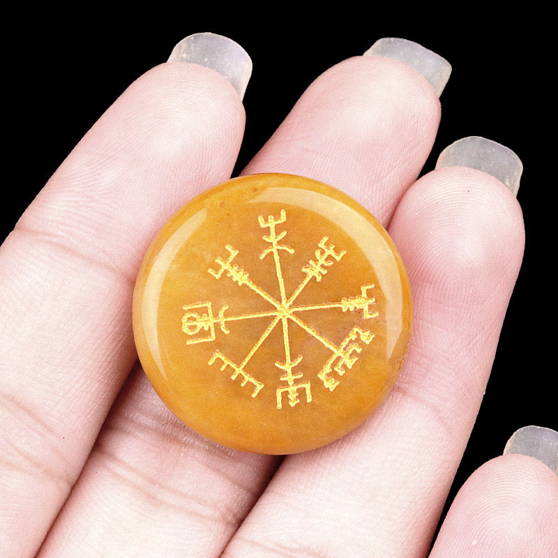 Round Natural Crystal Carved Vegvisir Viking Symbol Palm Stone